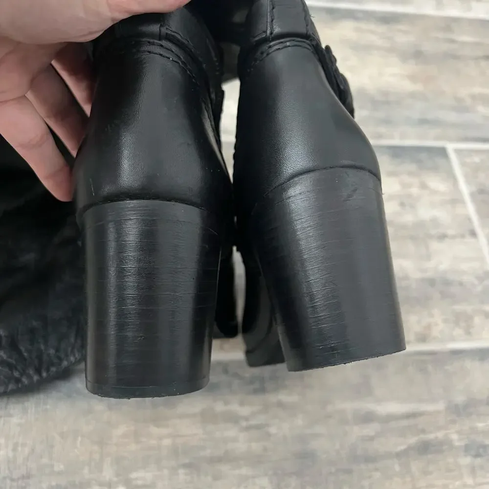Frye Kelly Black Leather Over the Knee Boots Buckle Strap Block Heel Riding boot